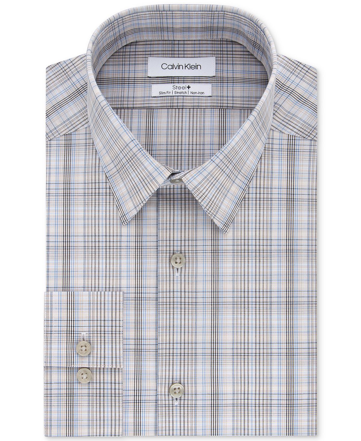 Calvin Klein Slim-fit Stretch Performance Plaid Dress Shirt Beige Multi