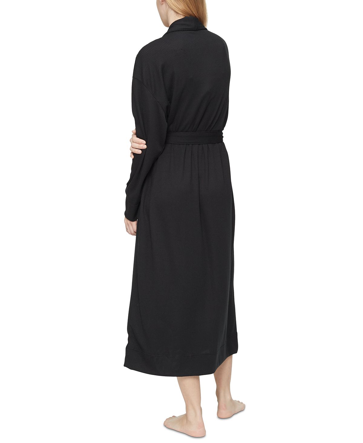 Calvin Klein Wo Wide-ribbed Knit Ease Wrap Robe Black