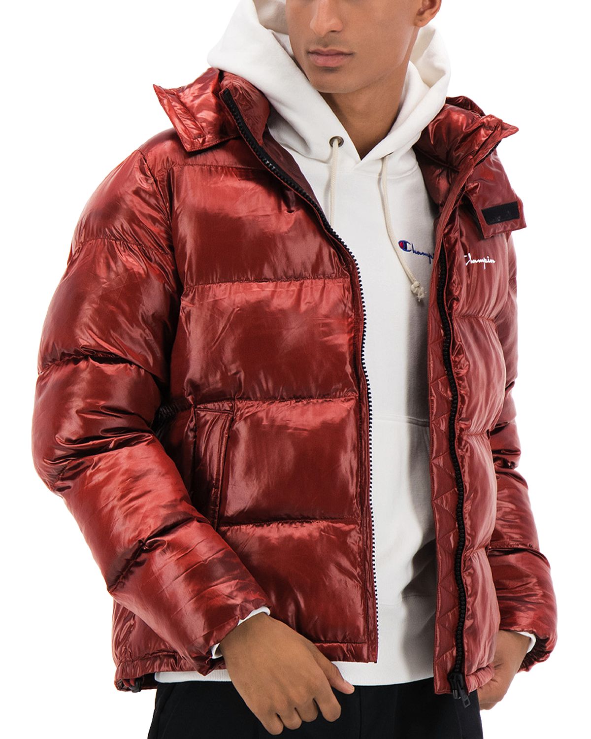 Champion Reverse Weave Hooded Puffer Jacket Scarlet
