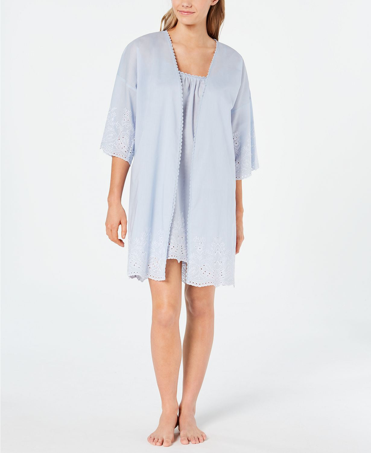 Charter Club Embroidered Cotton Chemise / Wrap Robe Set in Misty Morning