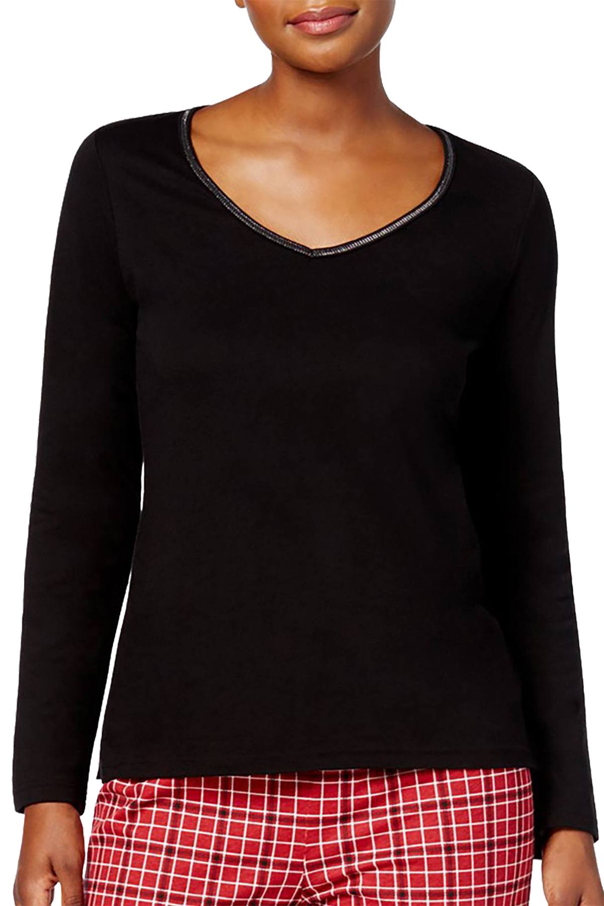 Charter Club Intimates Black Metallic-Trim Long-Sleeve Lounge Tee