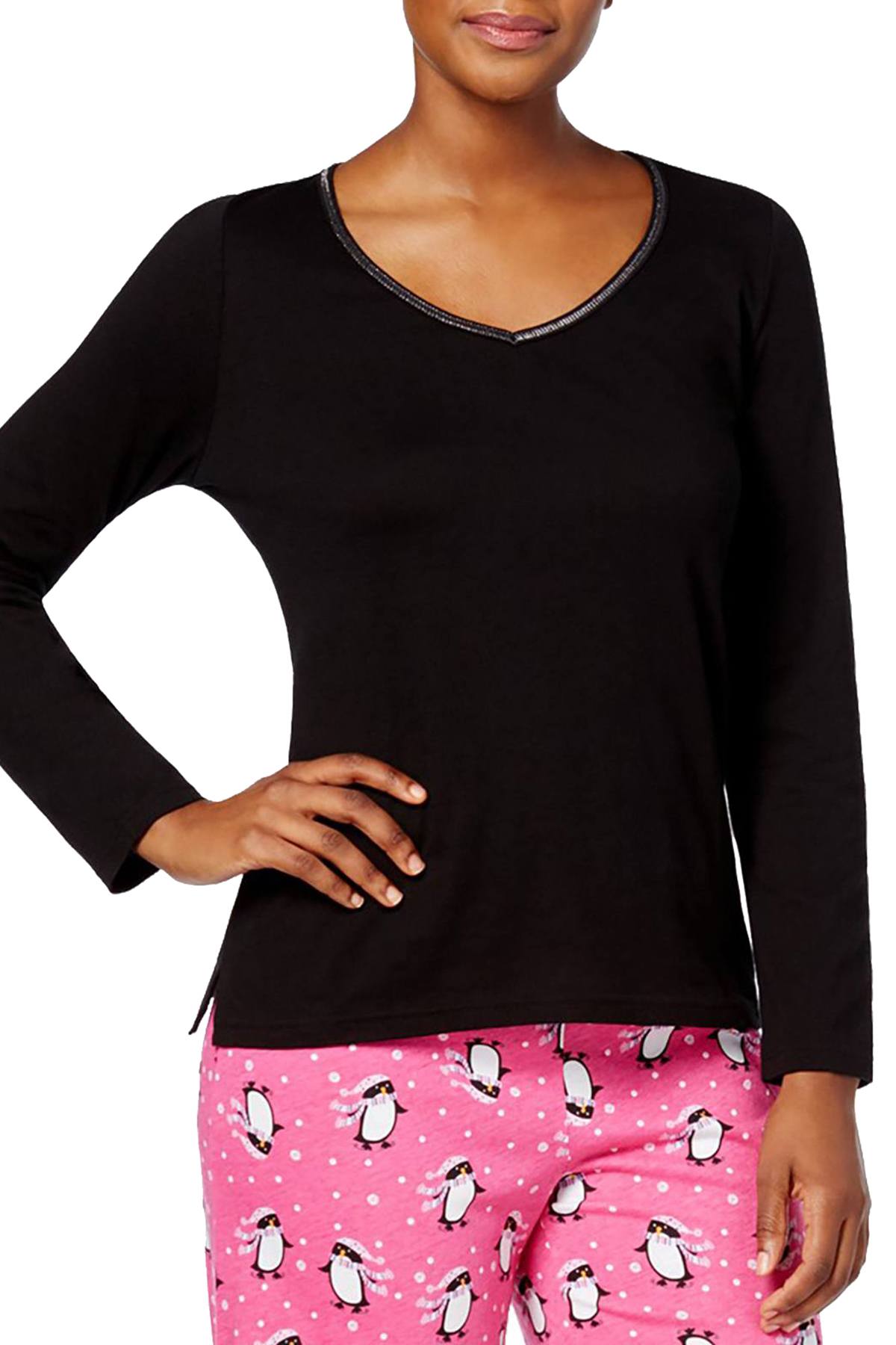 Charter Club Intimates Black Metallic-Trim Long-Sleeve Lounge Tee