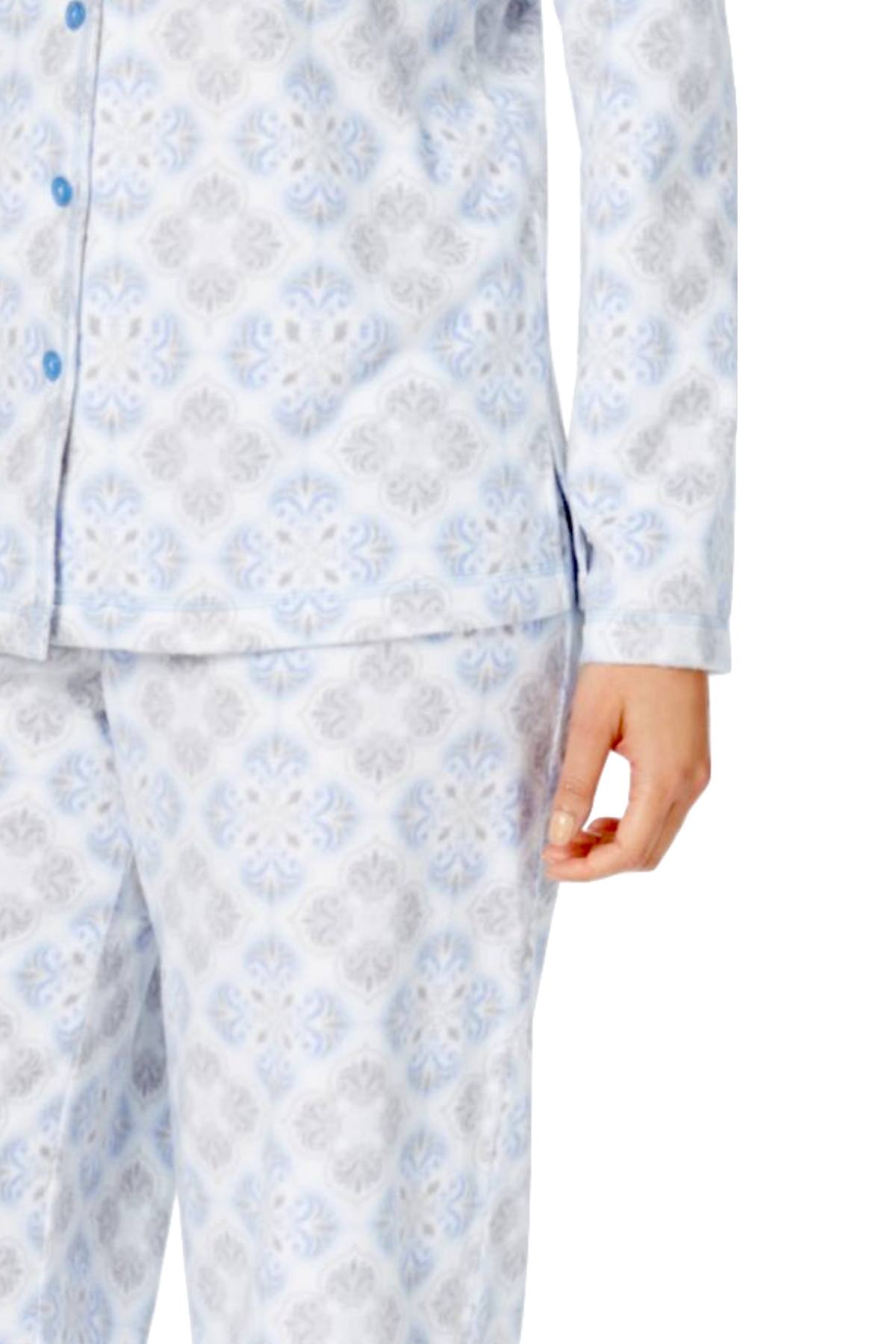 Charter Club Intimates Grey/Blue Tile-Printed Fleece Pajama Set