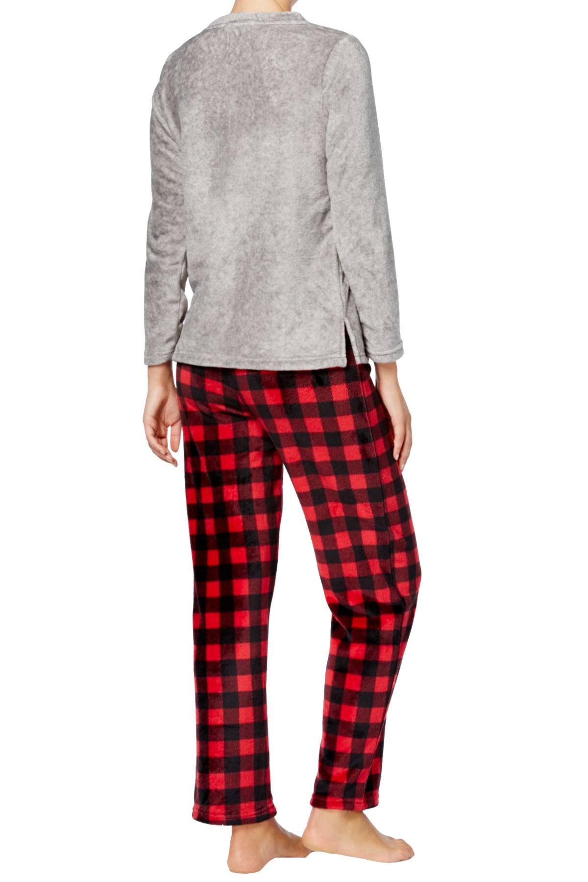 Charter Club Intimates Grey/Red Buffalo-Check Plush Applique PJ Set