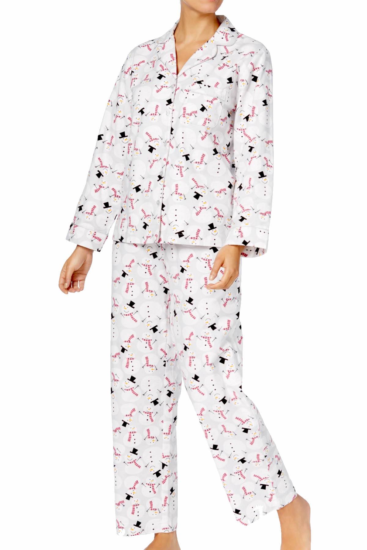 Charter Club Intimates Happy-Snowman Printed Cotton/Flannel Pajama Set