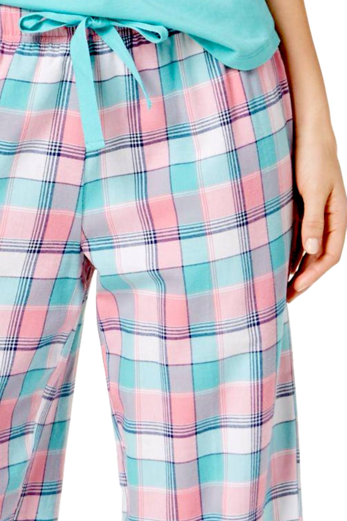 Charter Club Intimates Pink/Turquoise Pretty-Plaid Soft Cotton Pajama Pant