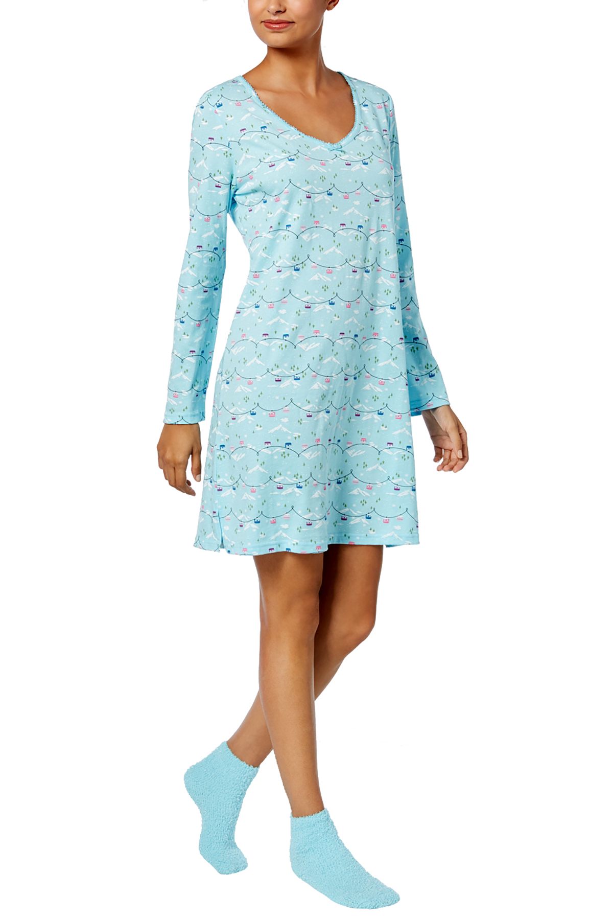 Charter Club Intimates Turquoise Ski-Lift Graphic-Print Cotton Sleepshirt With Matching Socks