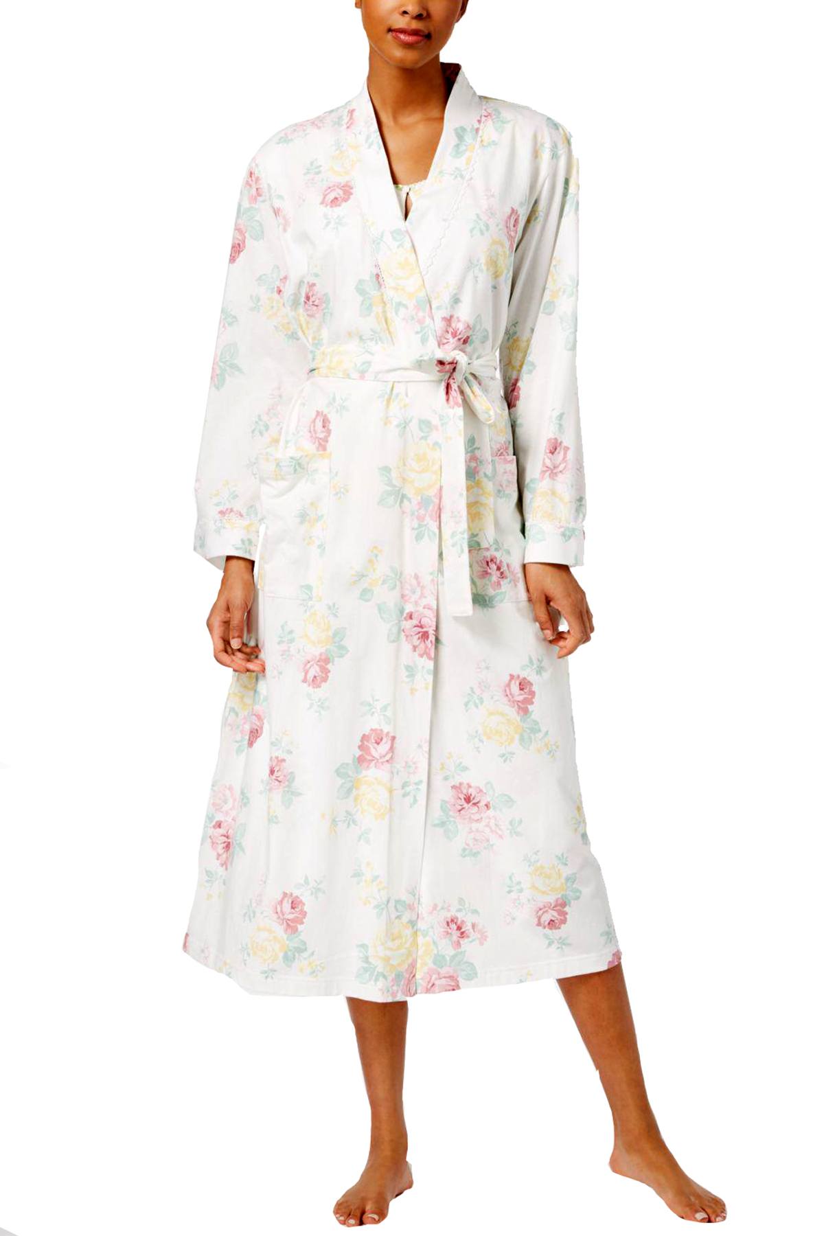 Charter Club Intimates White Floral-Print Lace-Trim Robe