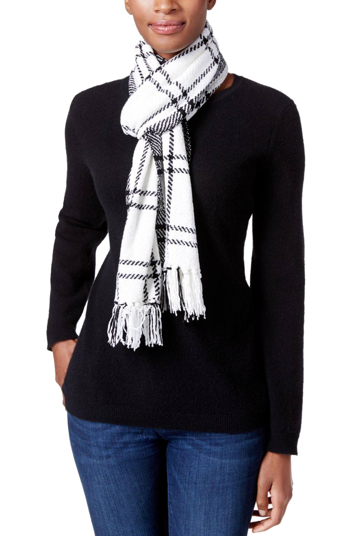 Charter Club Ivory/Black Windpine Woven Chenille Scarf