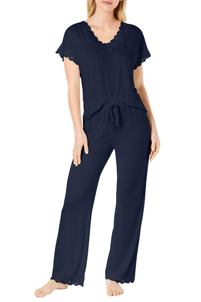 Charter Club Lace Trim Soft Knit Modal PJ Set in Ink Blue