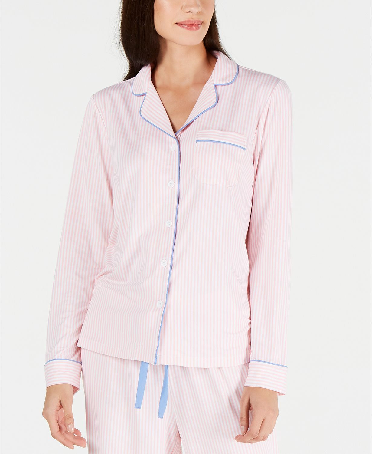 Charter Club Notch Collar Pajama Top in Ticking Stripe Pink