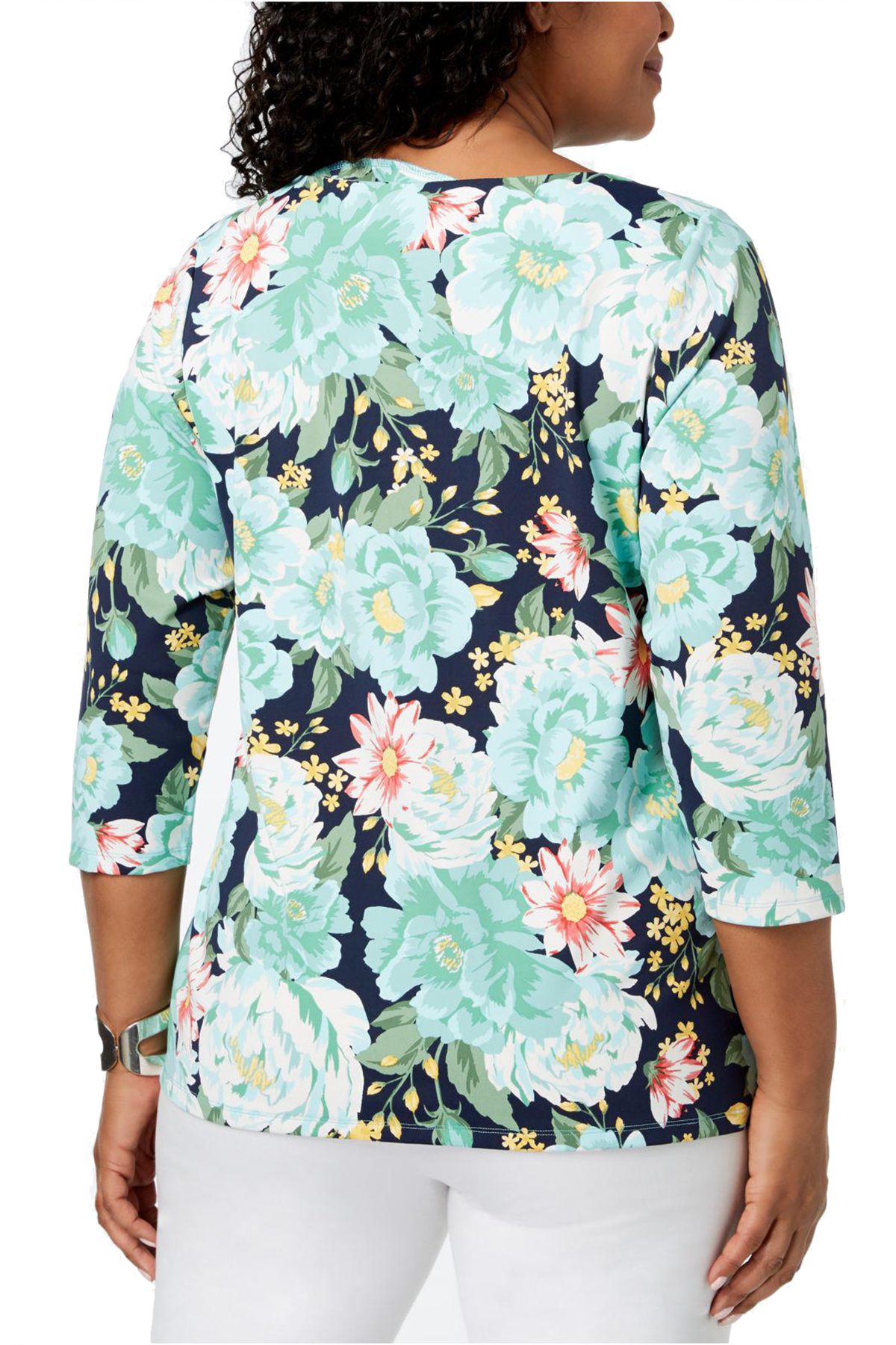 Charter Club PLUS Blue Floral-Printed Boat-Neck Top