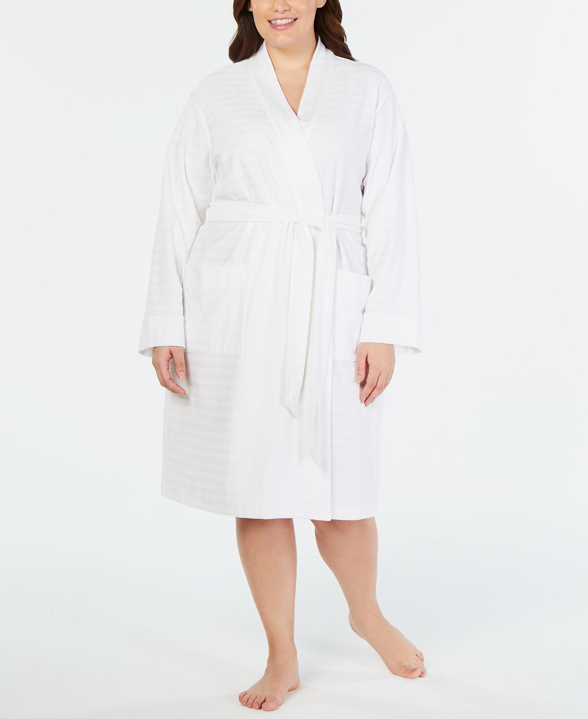 Charter Club Plus Striped Texture Knit Robe Bright White