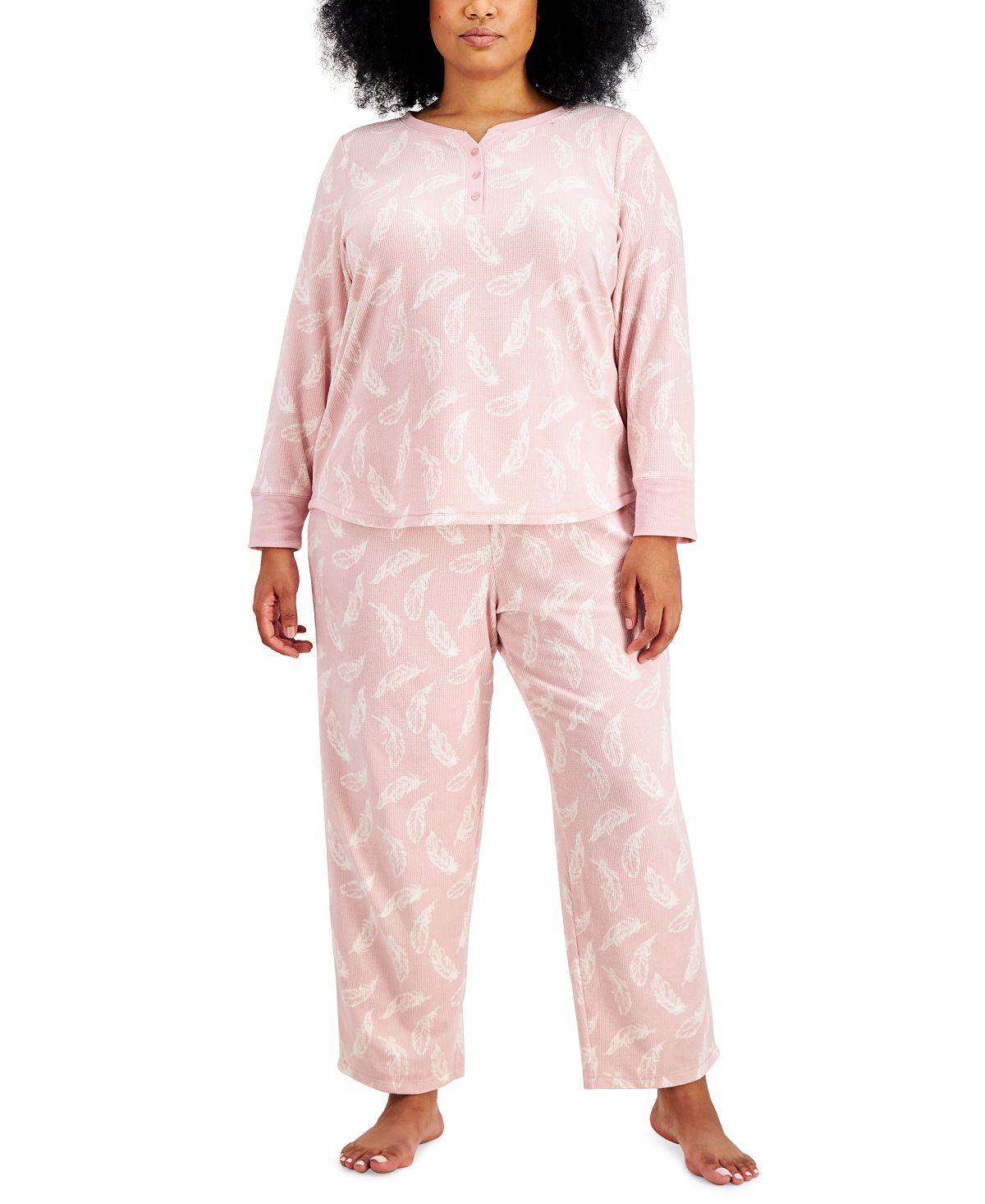 Charter Club Plus Thermal Fleece Printed Pajama Set Feathers