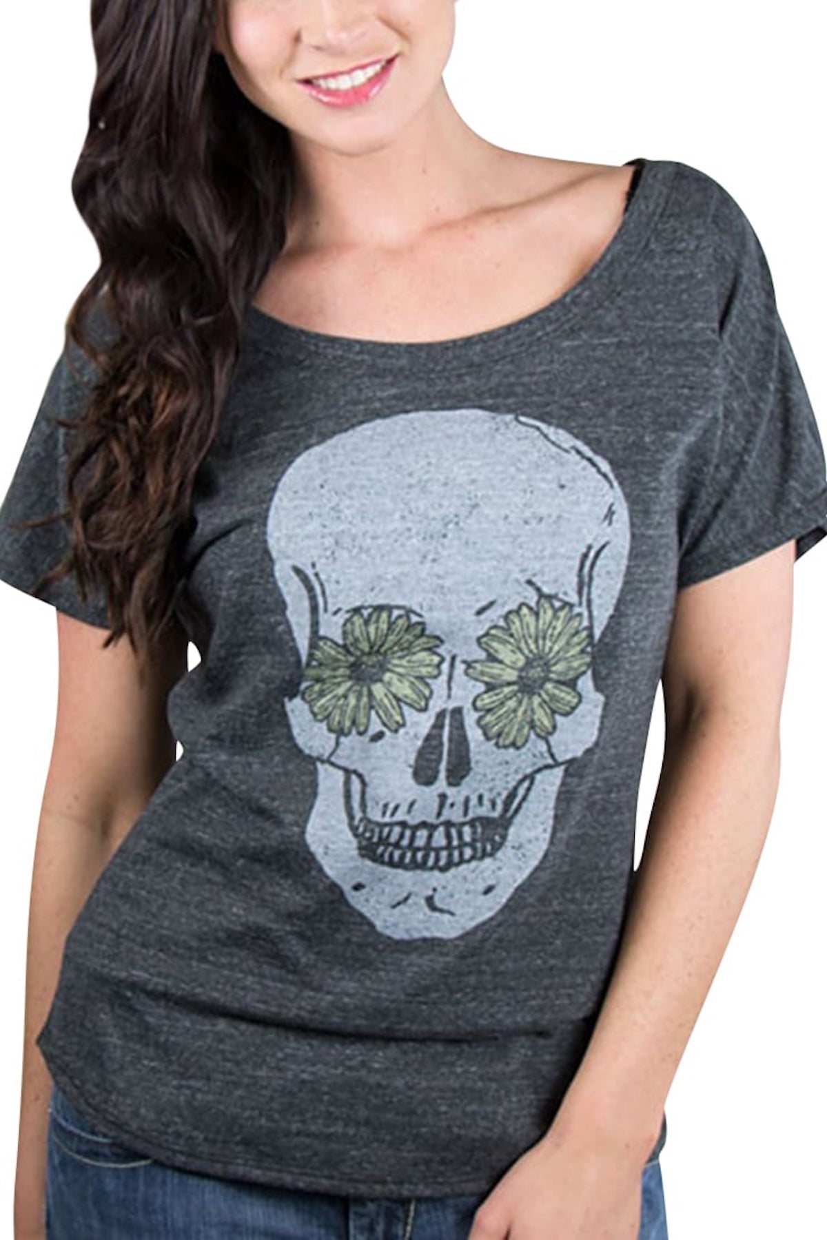 Choke Heather-Black Skull-Flower Dolman Tee