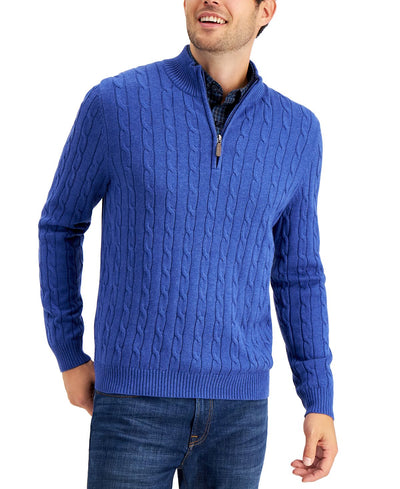 Club Room Cable Knit Quarter-zip Cotton Sweater Cobalt Heather Blue
