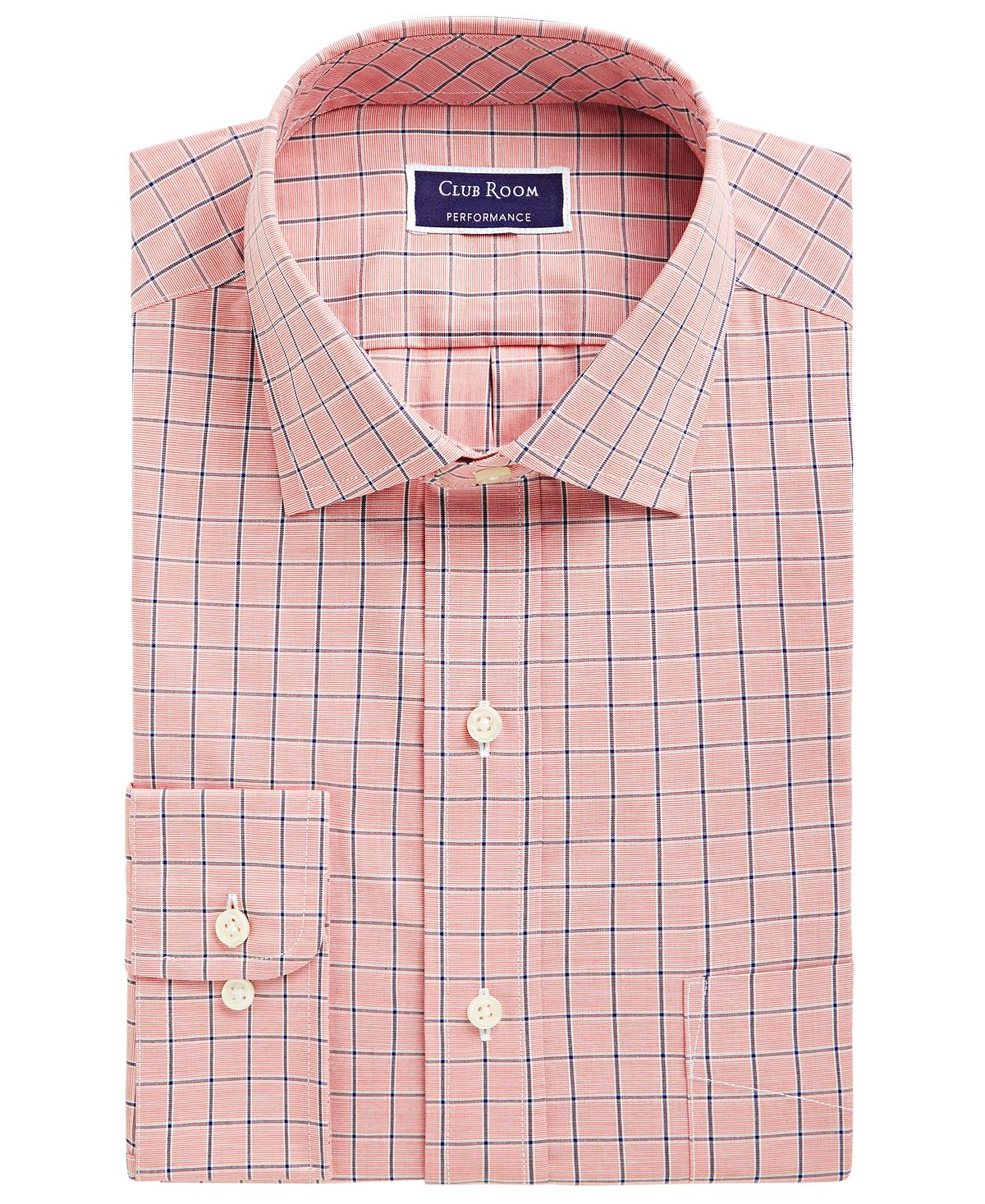 Club Room Classic/regular Fit Performance Windowpane Dress Shirt Rust Navy