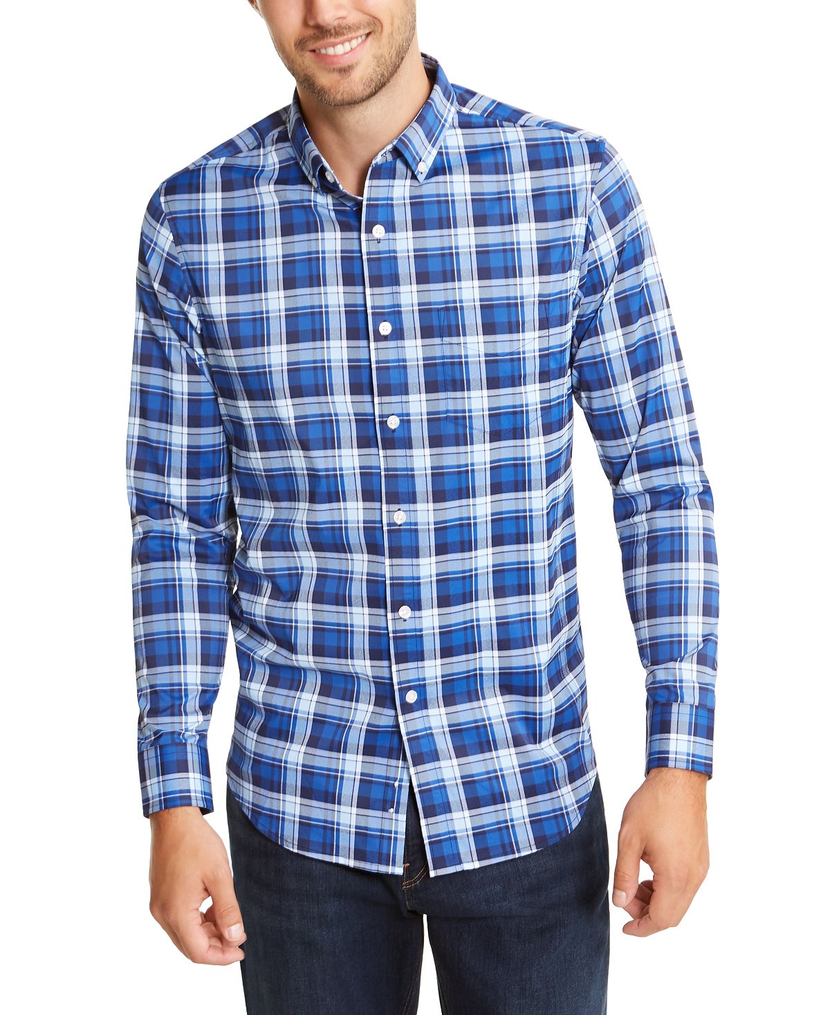 Club Room Performance Plaid Shirt With Pocket Pale Ink Blue