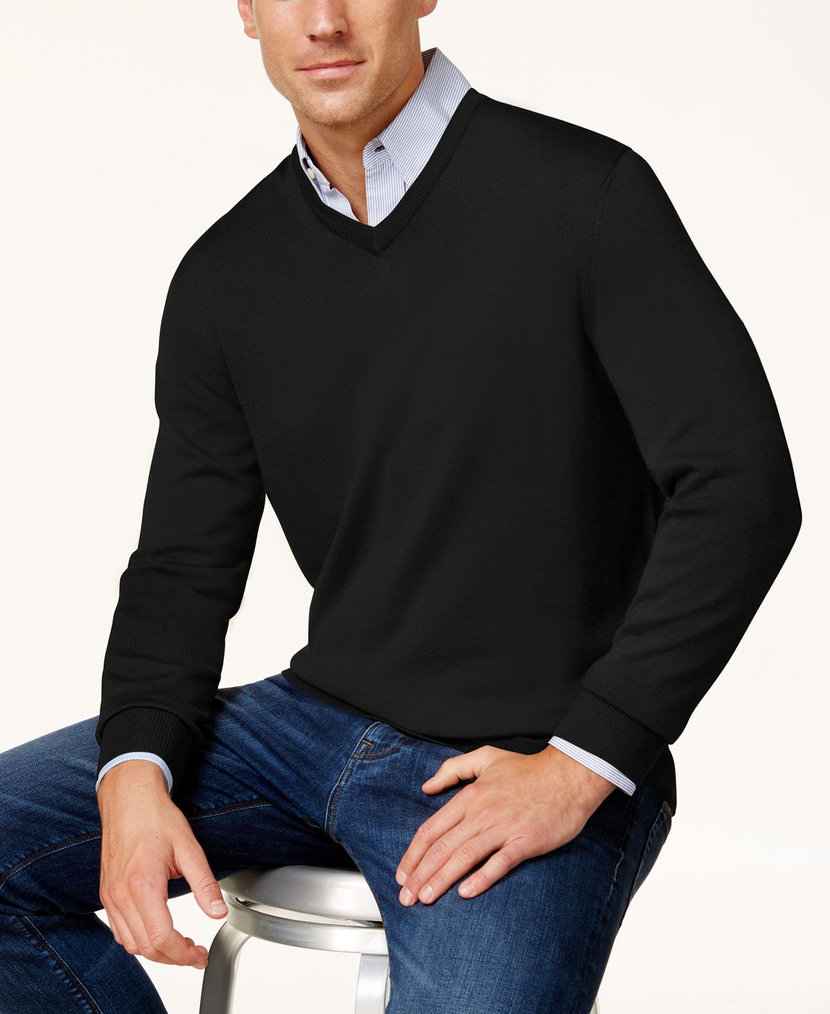 Club Room Solid V-neck Merino Wool Blend Sweater Deep Black