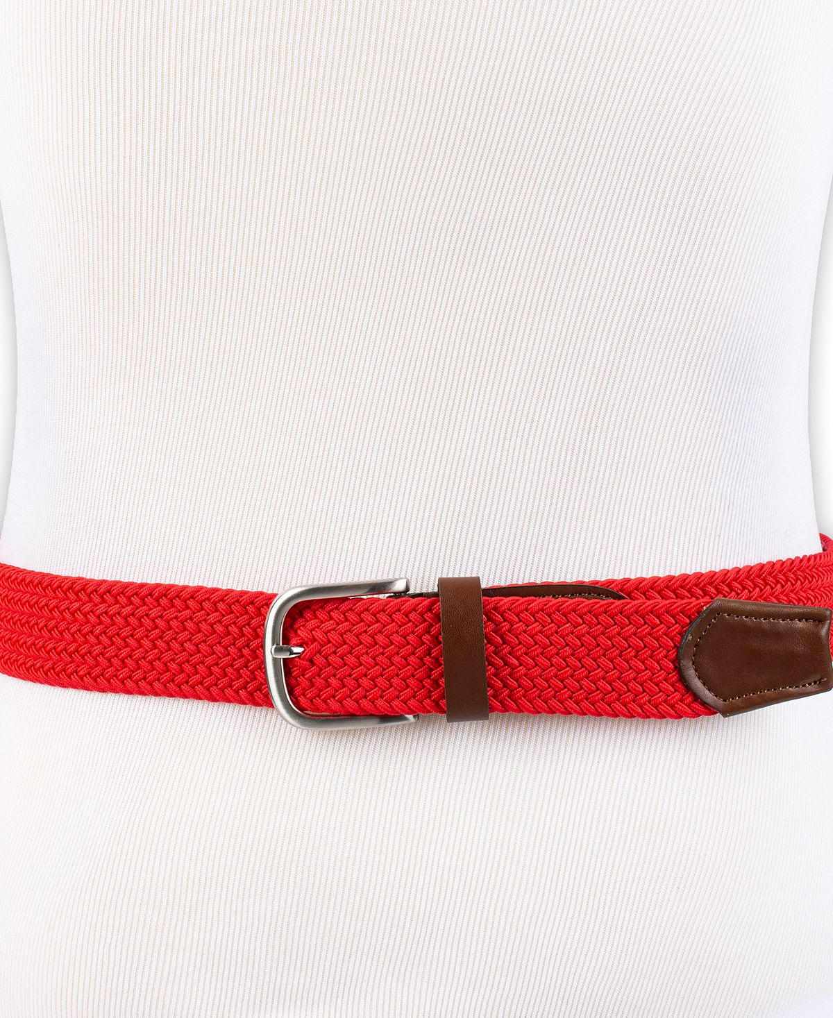 Club Room Stretch Comfort Braided Belt With Faux-leather Trim Red