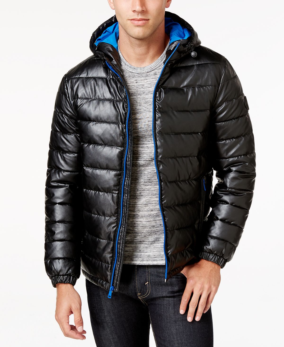 Cole Haan Faux-leather Puffer Coat Black/Blue