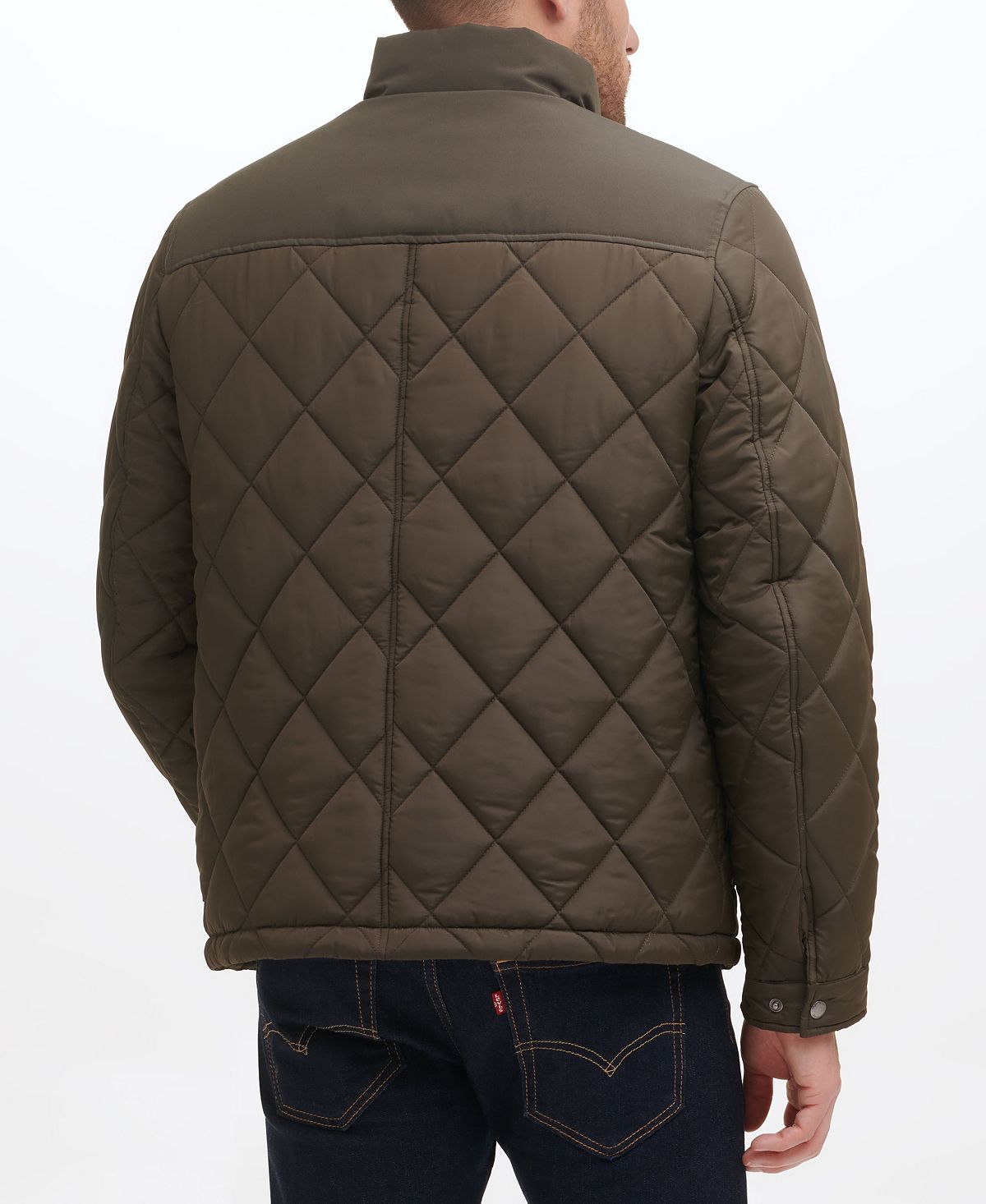 Cole Haan Mixed Media Diamond Quilt With Faux Sherpa Lining Coat Olive