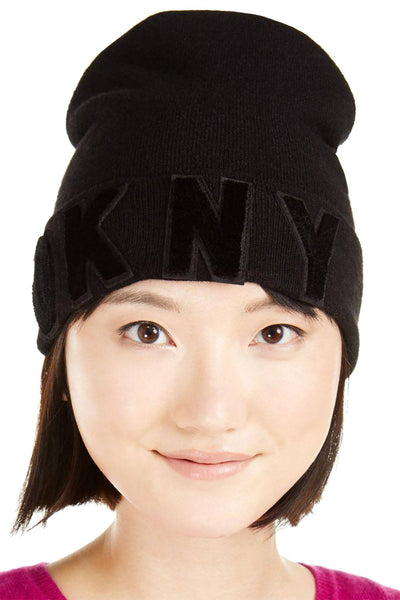 DKNY Black Logo Velvet Flocked Flat Knit Beanie