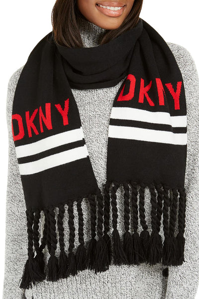 DKNY Black/Red Logo Stadium Scarf With Tassel Fringe