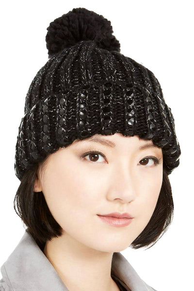 DKNY Black/Silver Flat Stud Metallic Rib-Knit Beanie