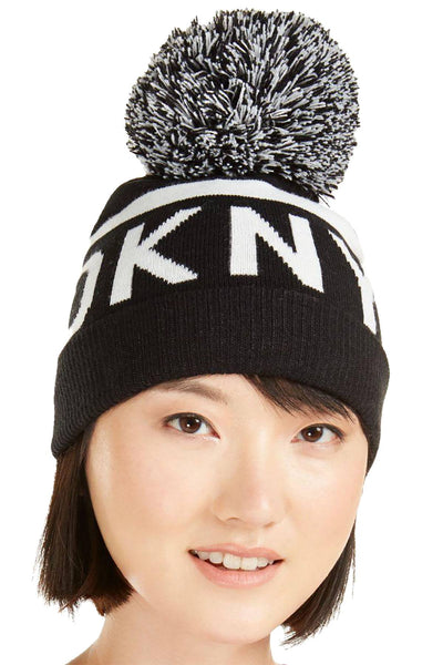 DKNY Black/White Logo Stadium Beanie With Pom Pom