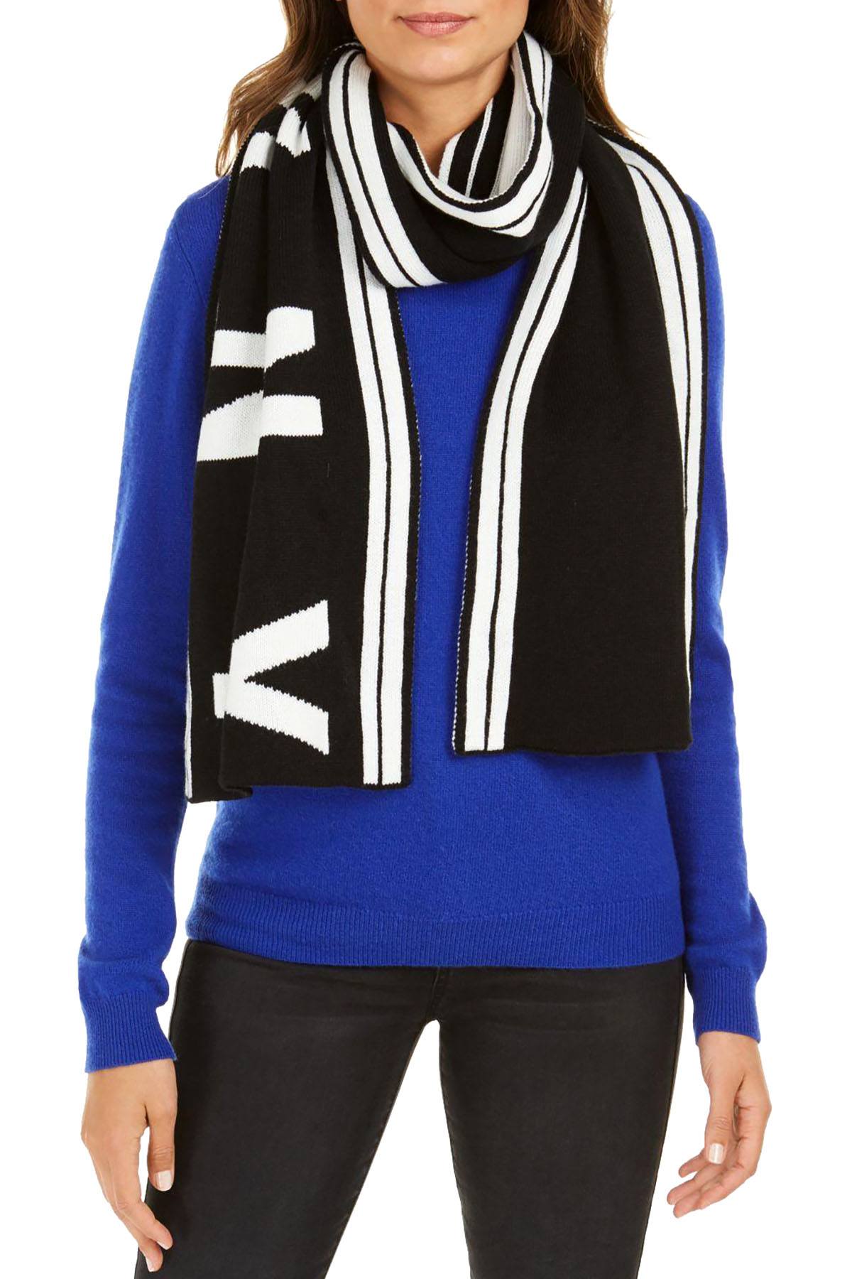DKNY Black/White Striped Stadium Logo Scarf