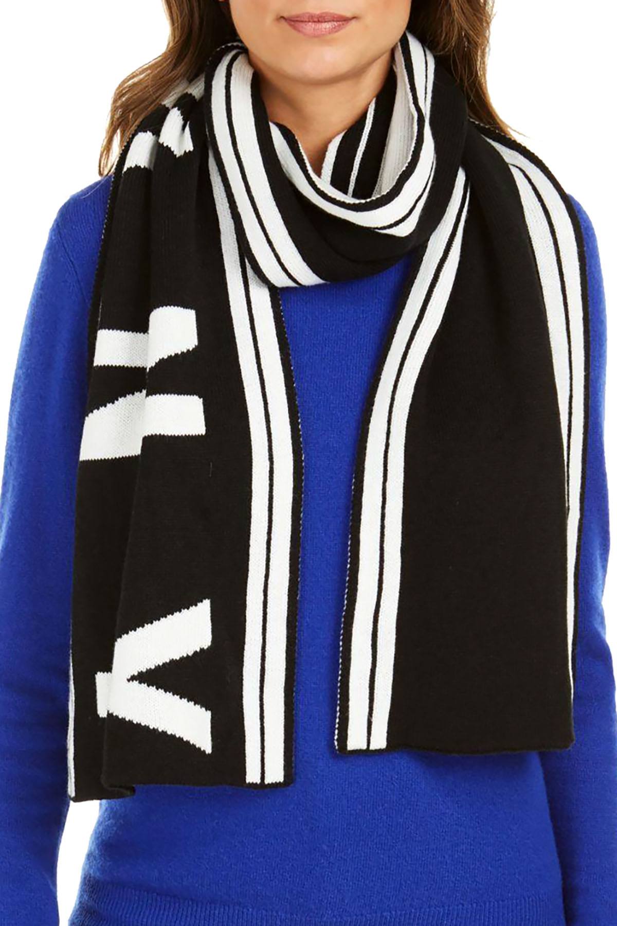 DKNY Black/White Striped Stadium Logo Scarf