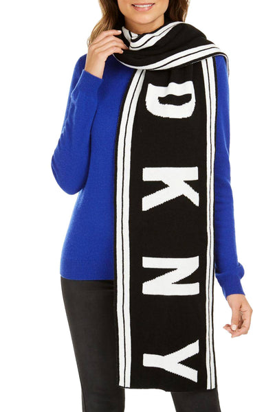 DKNY Black/White Striped Stadium Logo Scarf