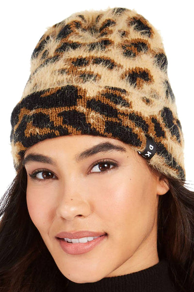 DKNY Fuzzy Leopard Print Beanie
