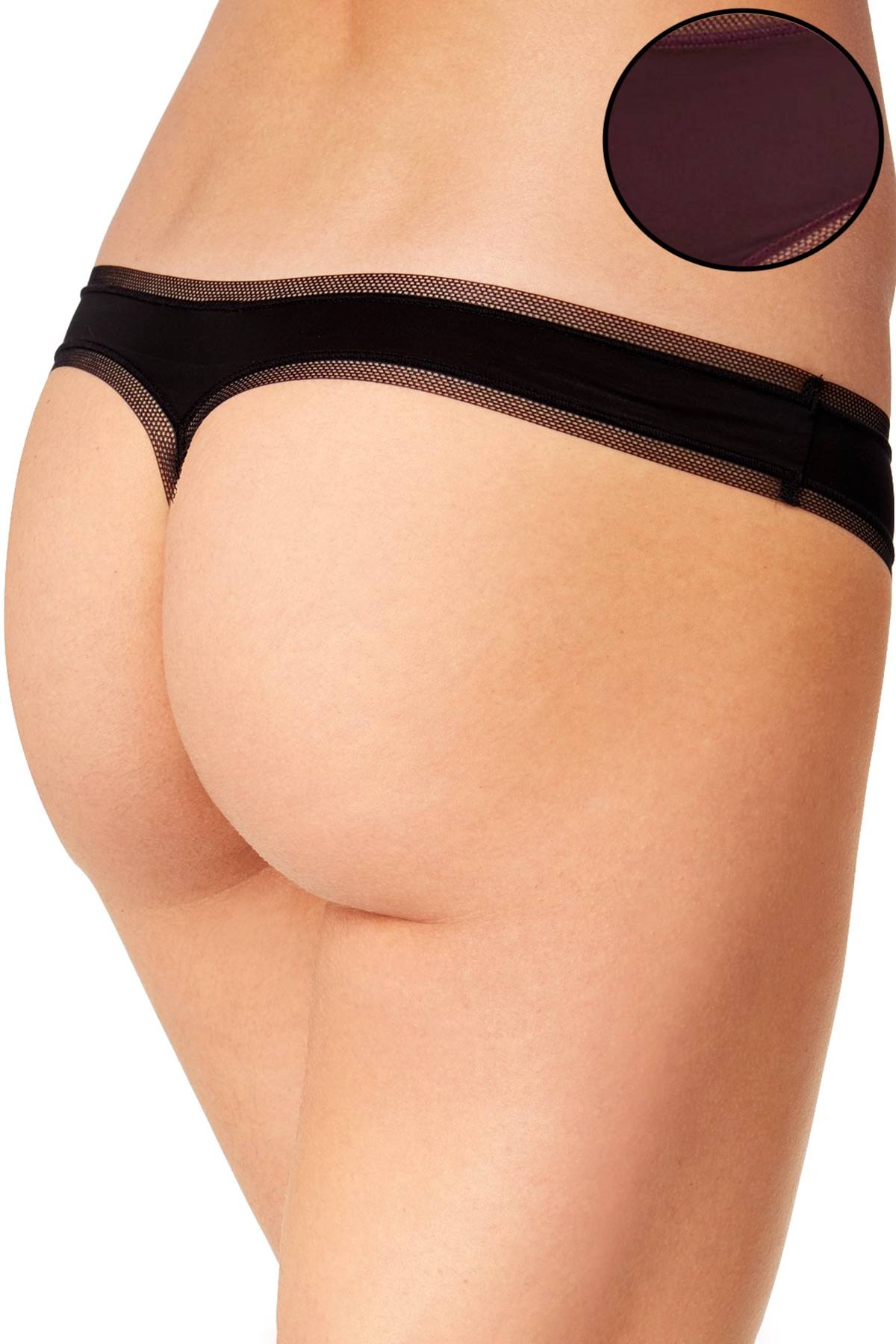 DKNY Litewear Low Rise Mesh Trim Thong in Eggplant