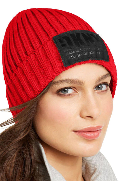 DKNY Red Fleece Lined Knit Beanie