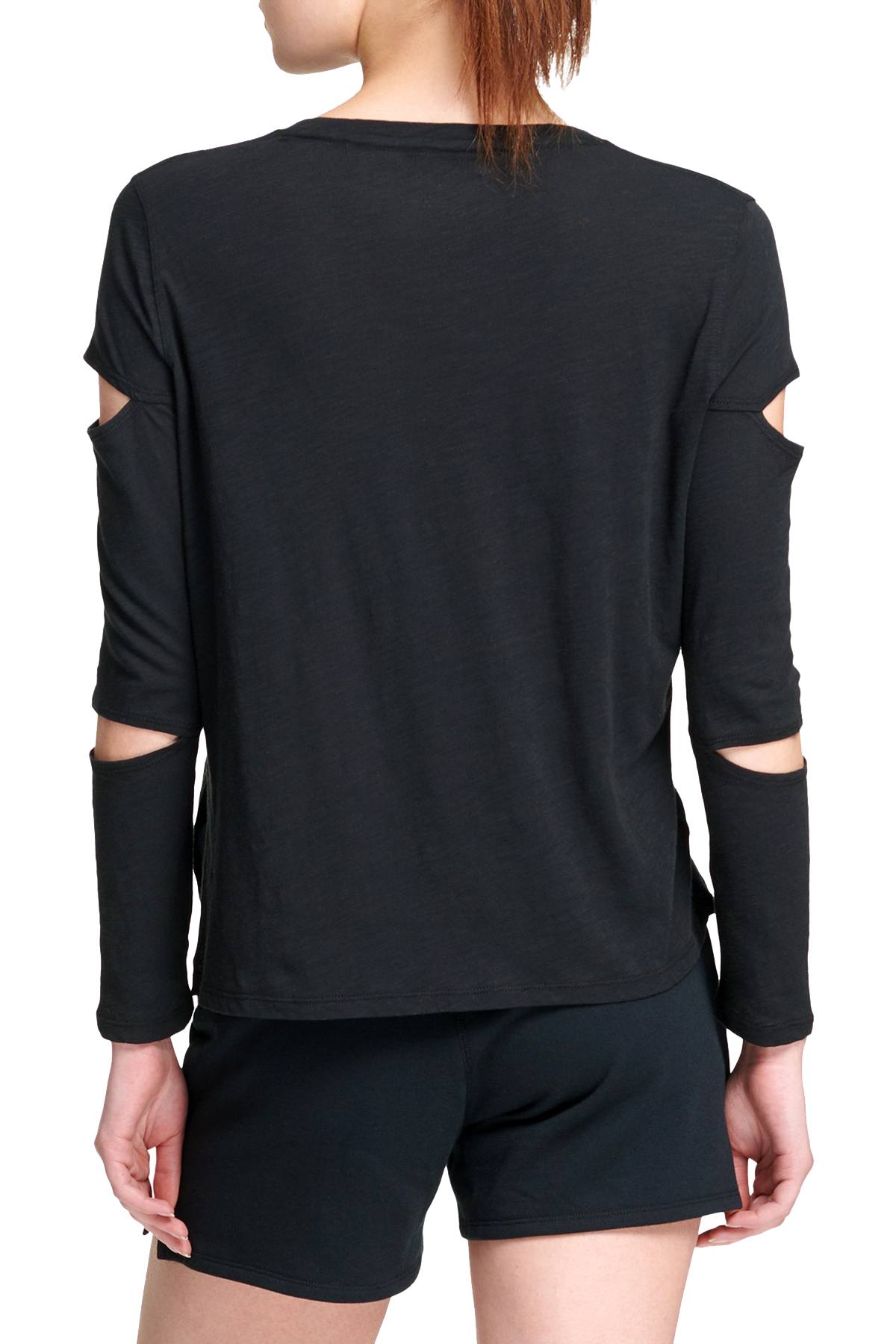 DKNY Sport Black Cotton Long Cutout Sleeve T-Shirt