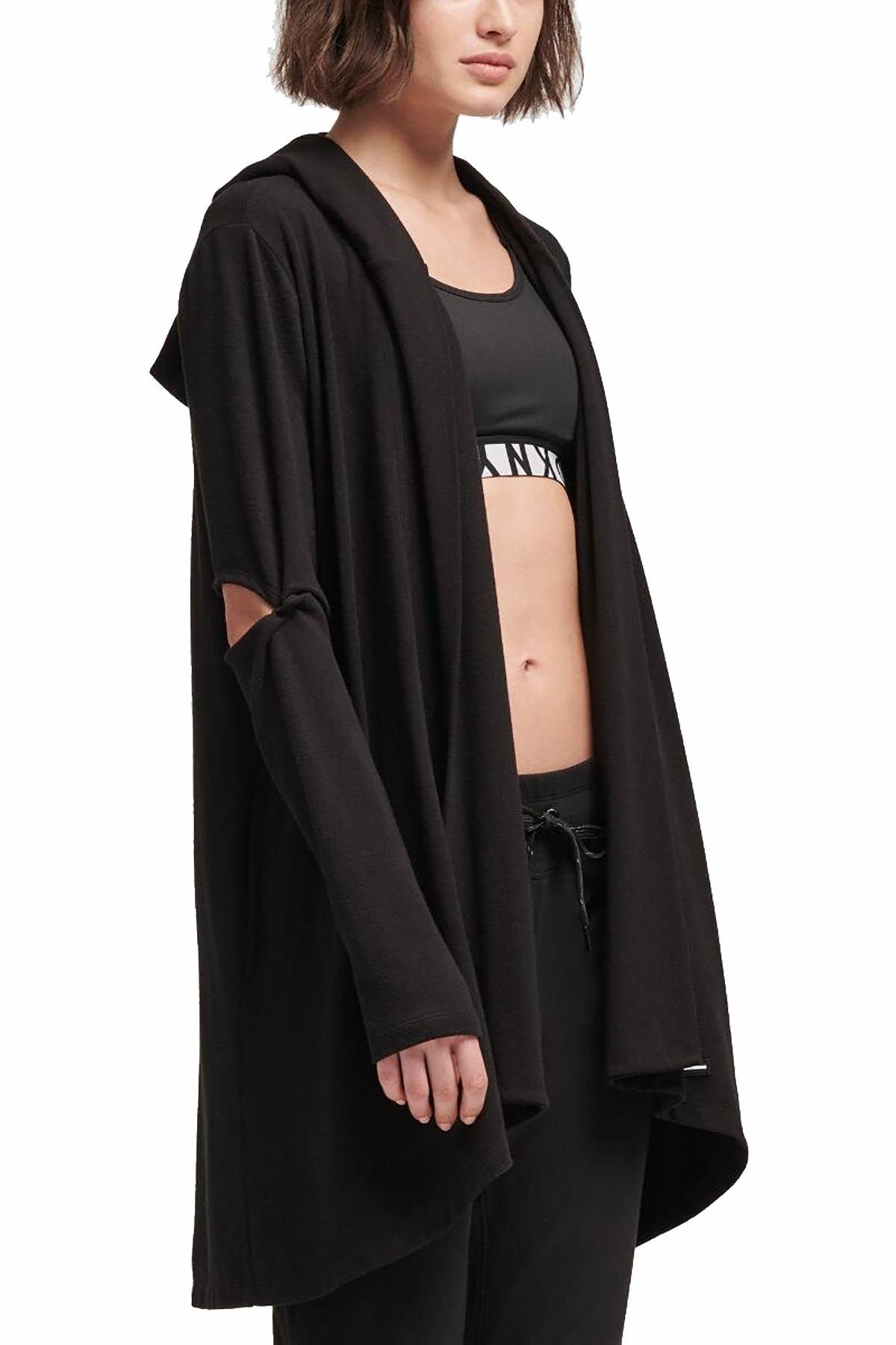 DKNY Sport Black Cut-Out Elbows Hooded Cardigan