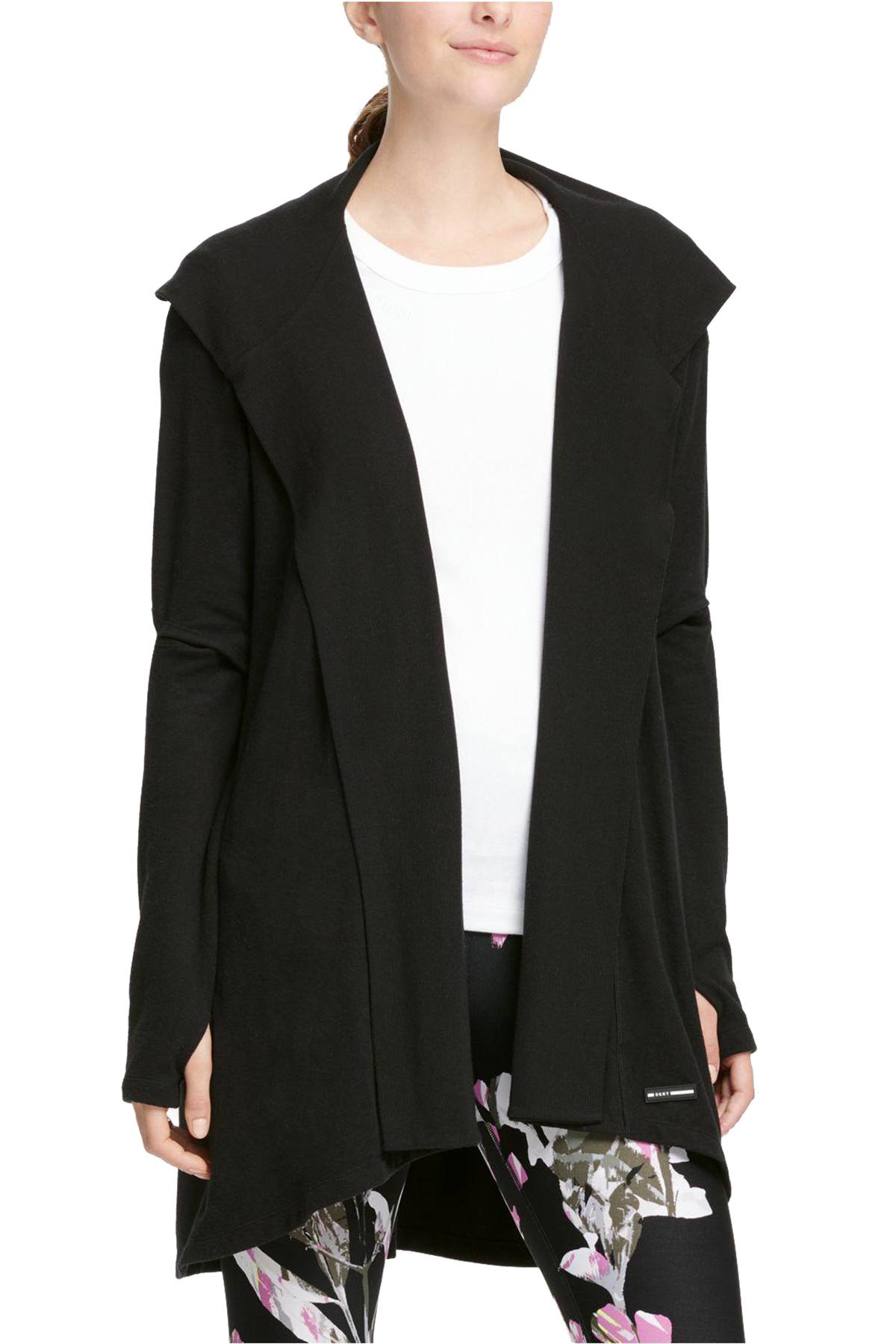 DKNY Sport Black Cut-Out Elbows Hooded Cardigan