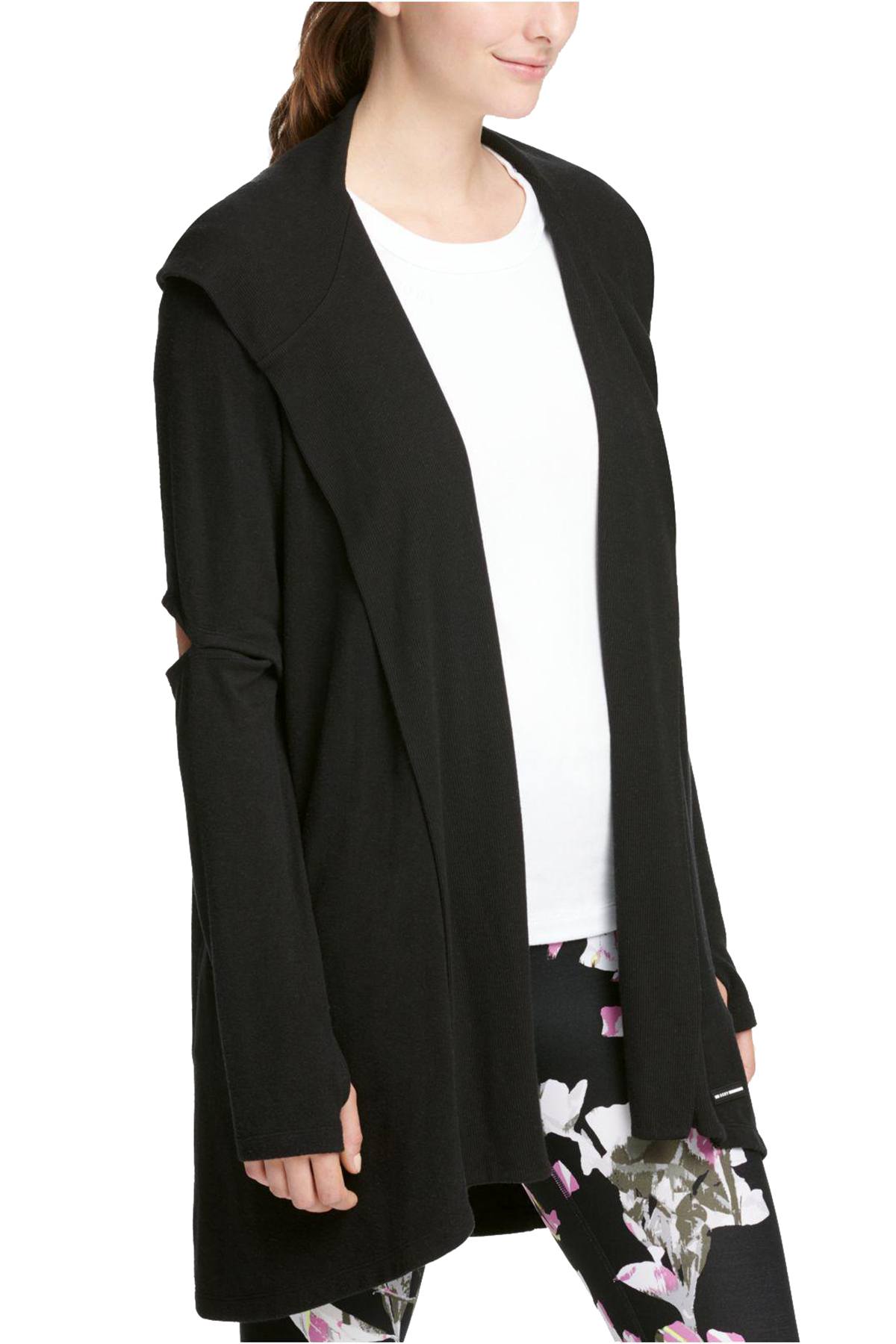 DKNY Sport Black Cut-Out Elbows Hooded Cardigan