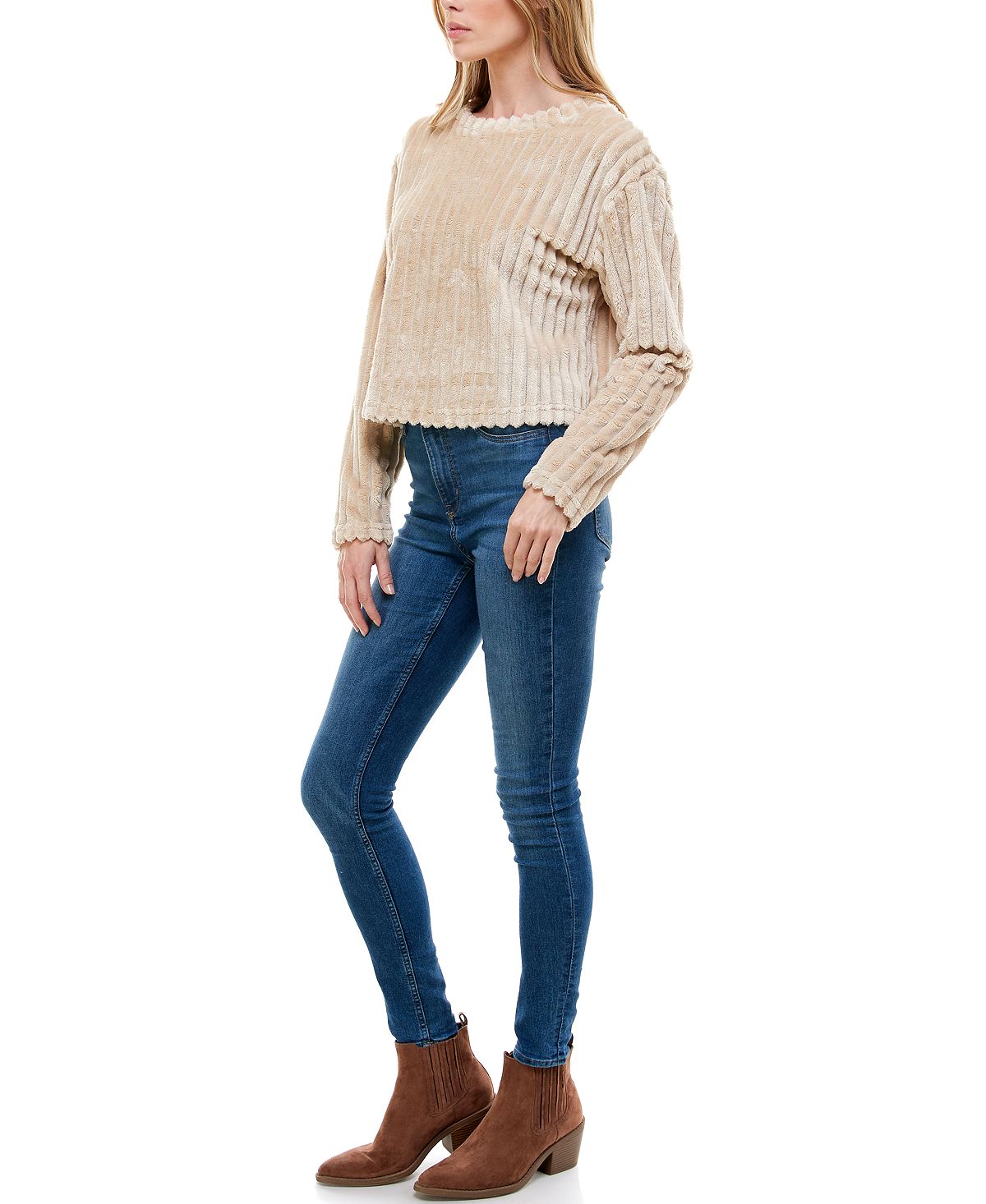 Derek Heart Juniors' Ribbed Faux-fur Top Cement