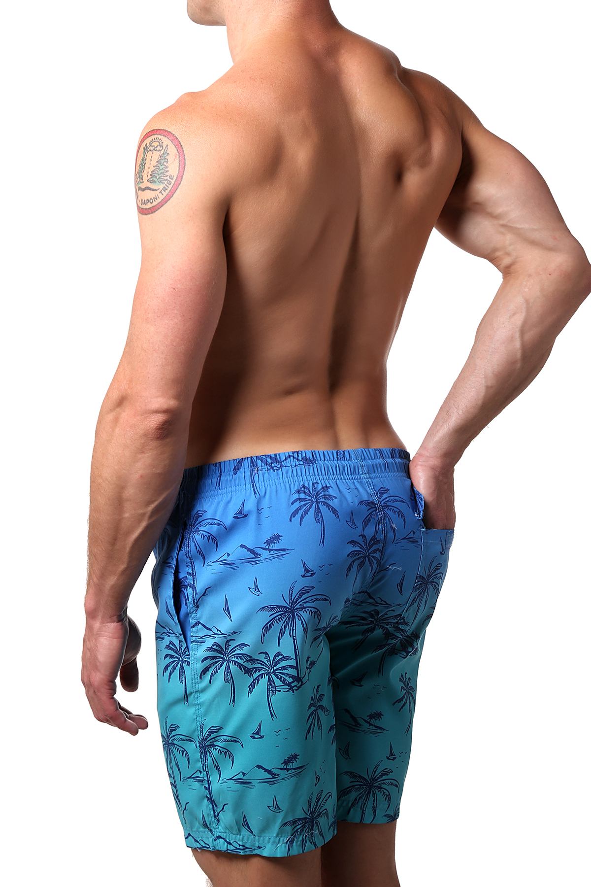 Distortion Blue/Aqua Ombre Palm Tree Print Swim Short