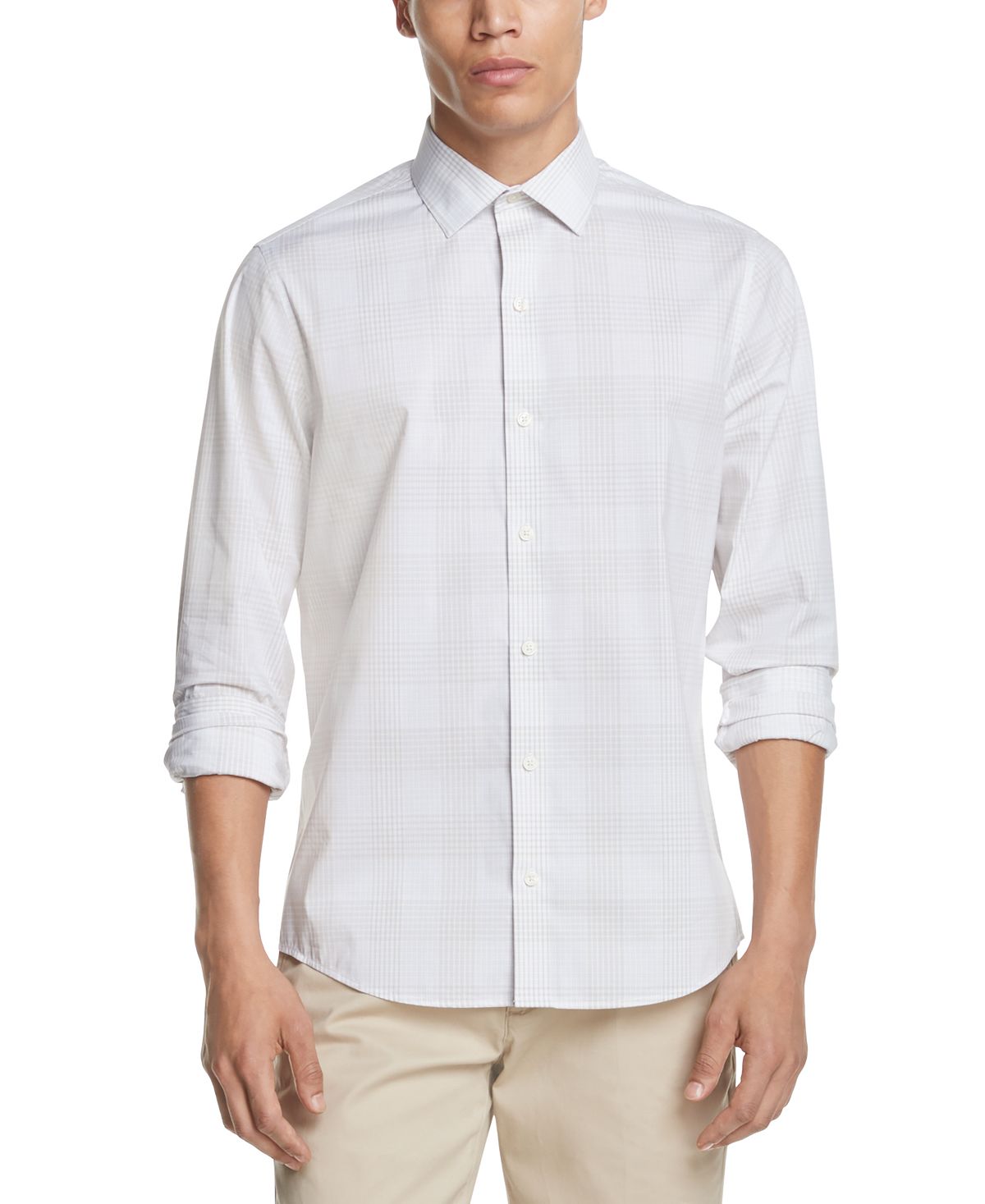 Dkny Performance Stretch Small Plaid Shirt Feather Grey