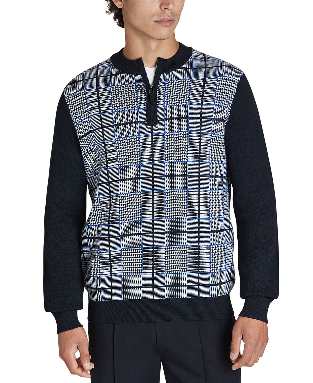 Dkny Plaid Jacquard Quarter-zip Sweater Black