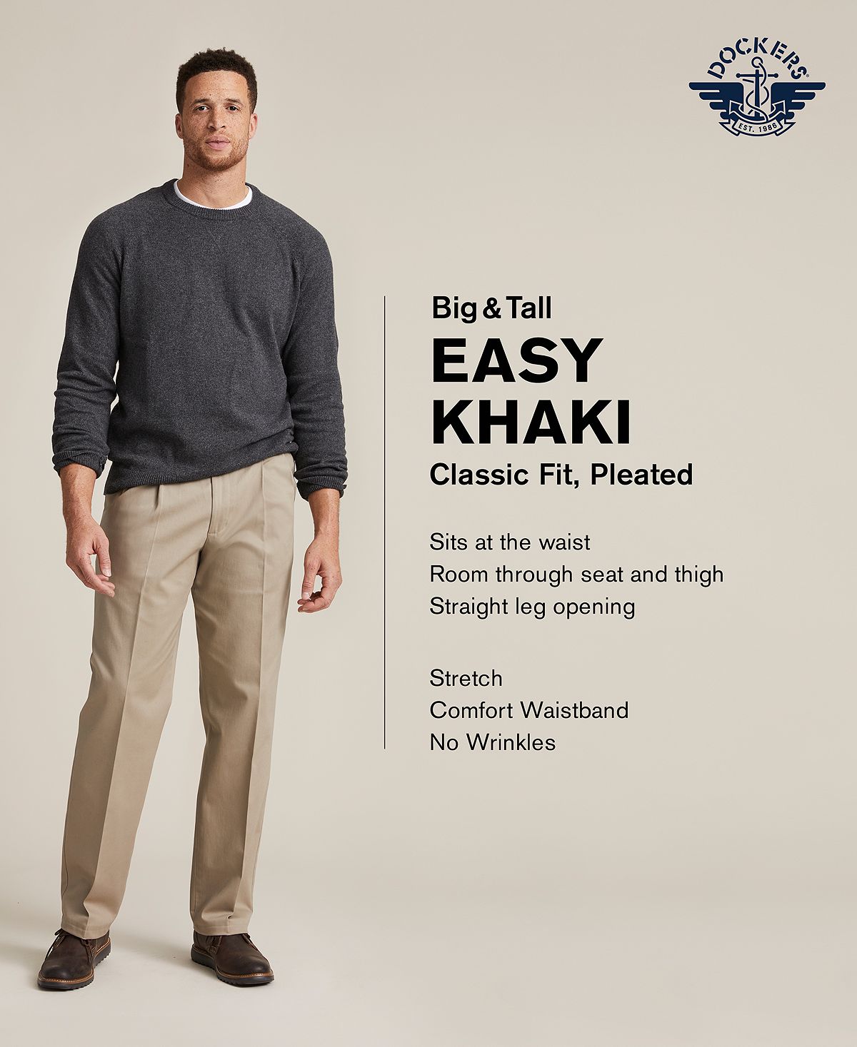 Dockers Big & Tall Easy Classic Pleated Fit Khaki Stretch Pants Light Beige