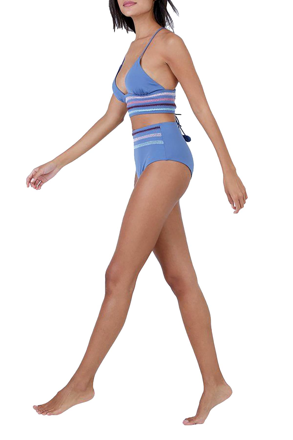 Dolce Vita Embroidered High Waist Bikini Bottom in Pigeon Blue