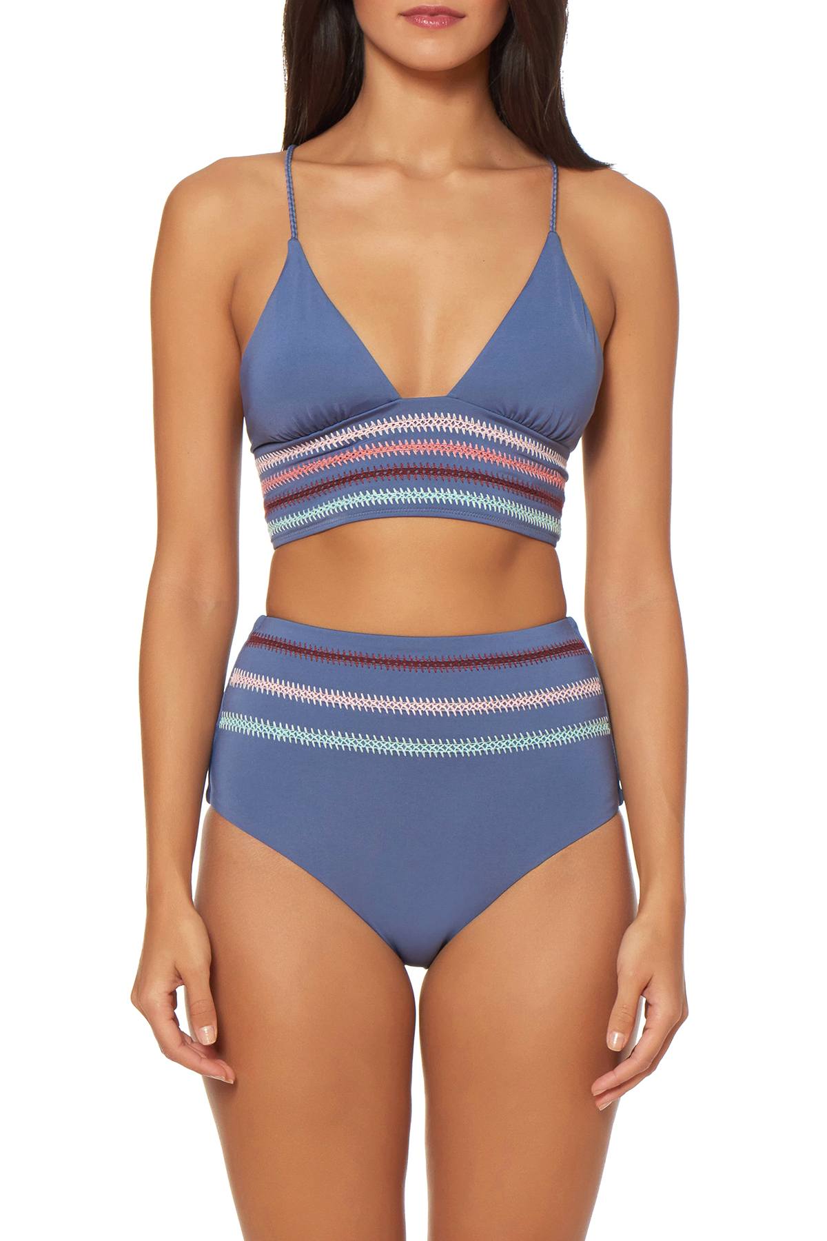 Dolce Vita Embroidered High Waist Bikini Bottom in Pigeon Blue