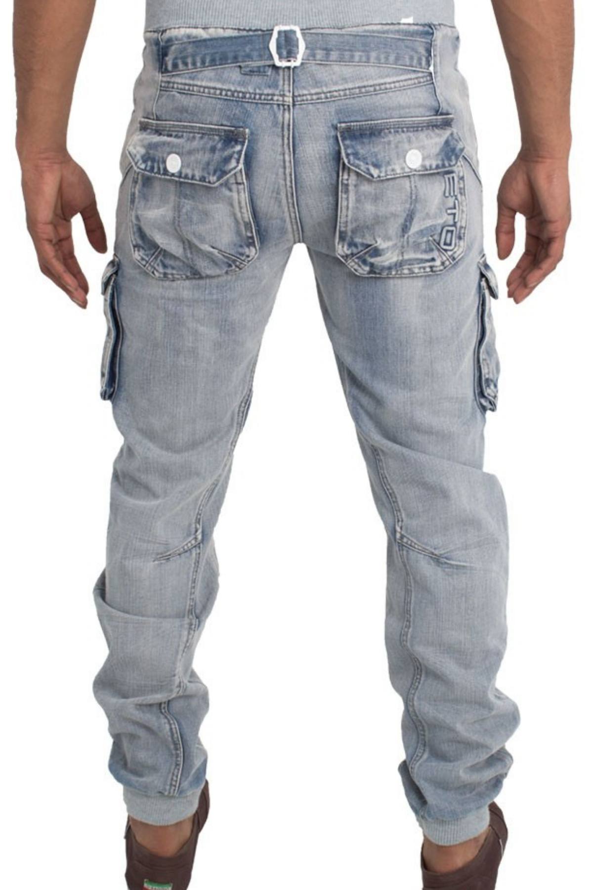 ETO Jeans Blue Bleach-Wash Rib-Cuff Combat Jean