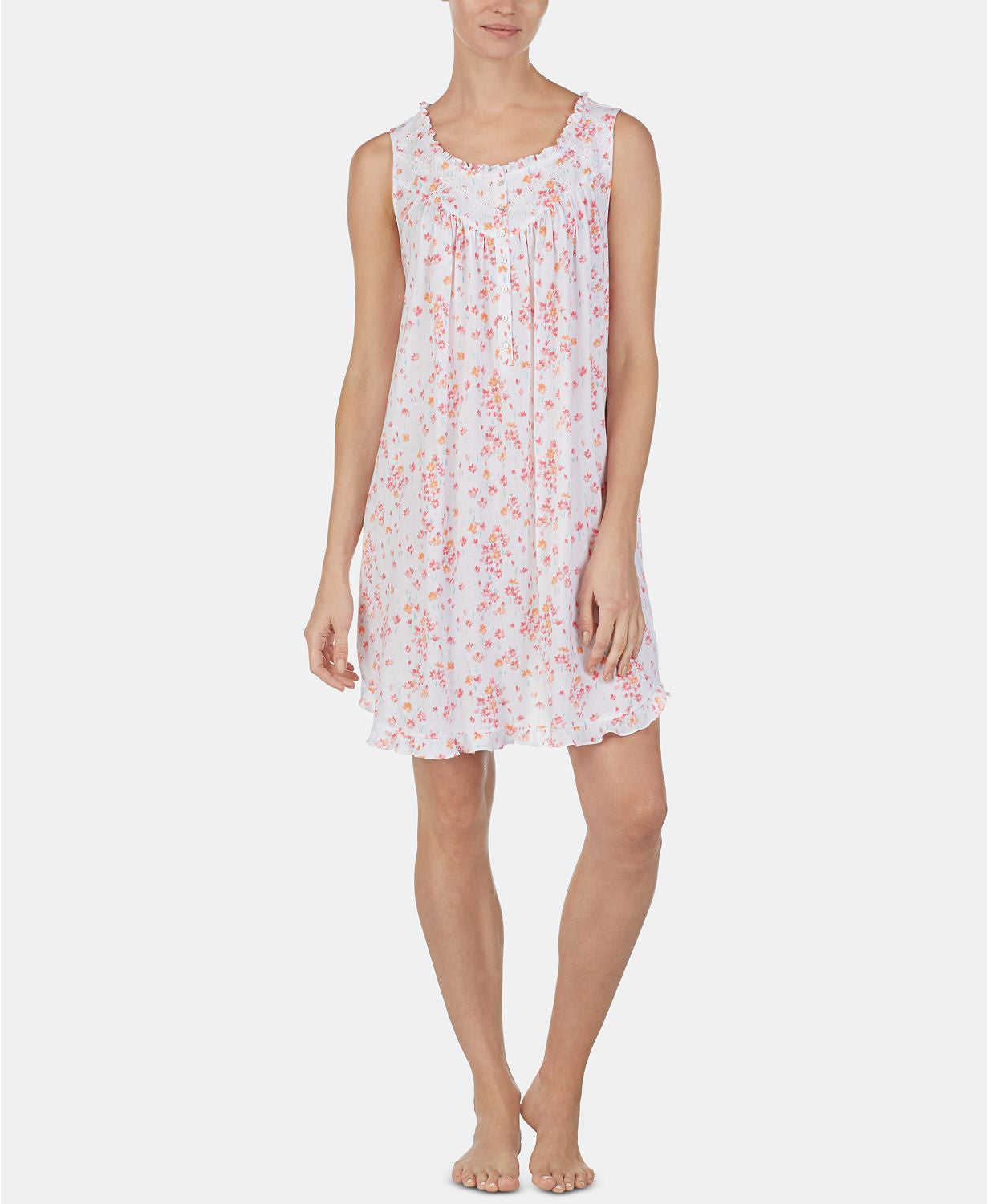 Eileen West Floral Printed Ruffled Cotton Knit Nightgown in White/Multi