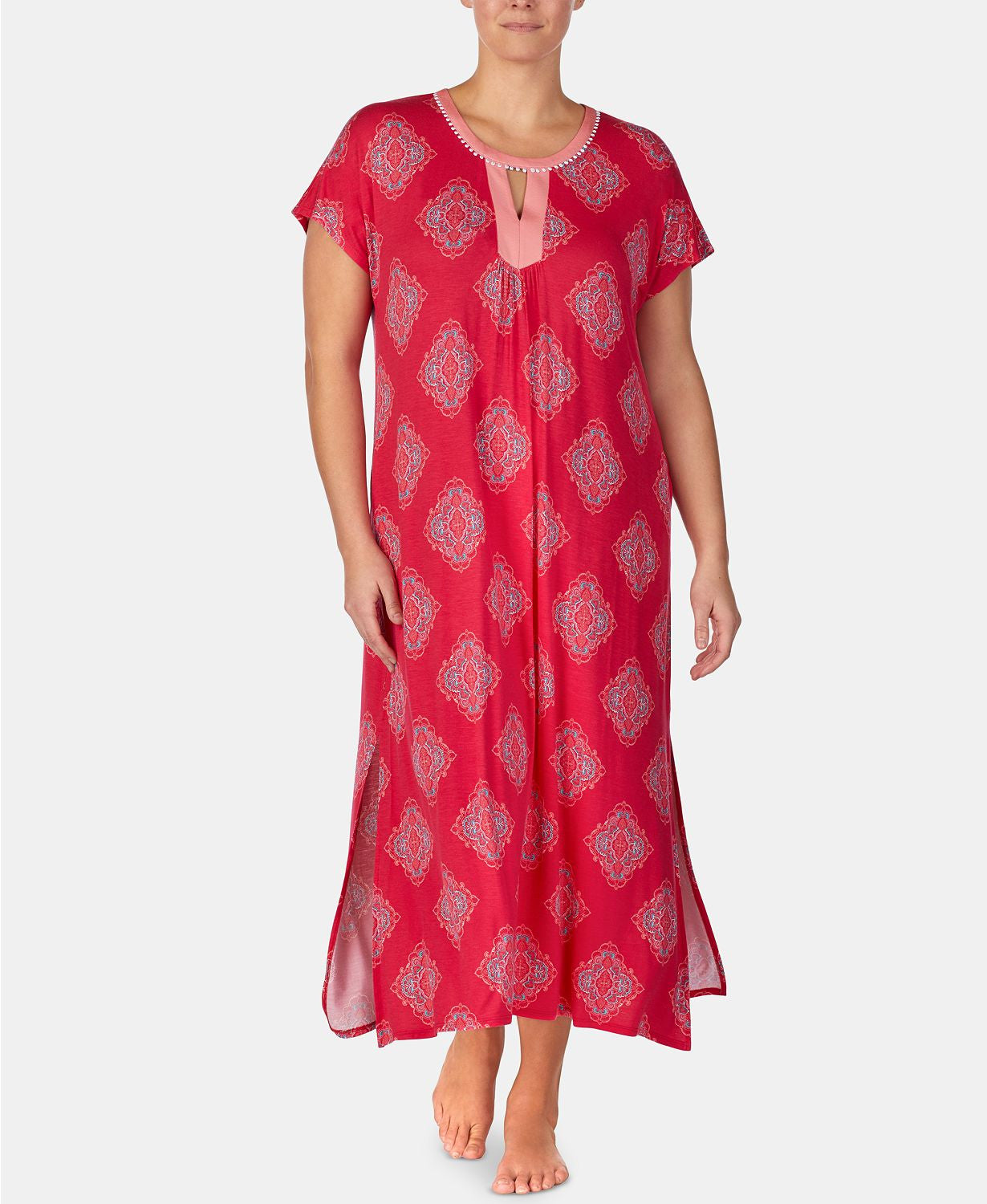 Ellen Tracy PLUS Printed Pom Pom Trim Caftan in Pink